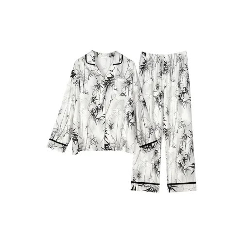 Супермягкий × Помощь для сна, Бумажно-белый Бамбук Чернила Женские Пижамные комплекты