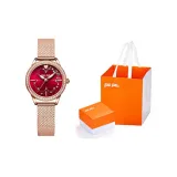 Золотой корпус, красный циферблат, золотая сетчатая полоска