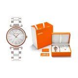 Золотой корпус, серебристый циферблат, белый ремешок (подарочная коробка, комплект)