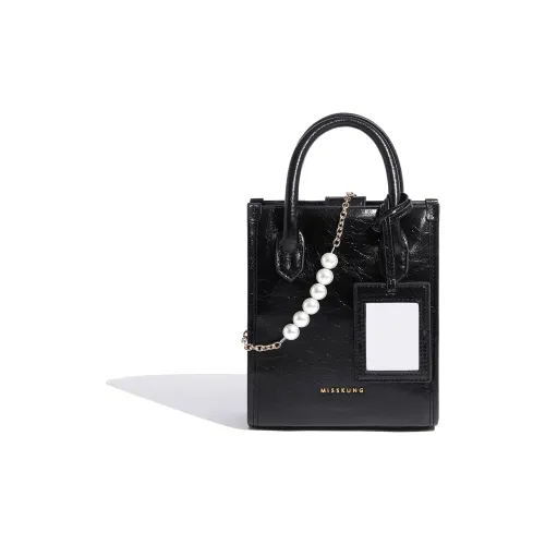Miss Kung Вощеная кожа Тоут Сумка Сумка для покупок Жемчужная сумка Сумка через плечо Сумка мини Женская Черная