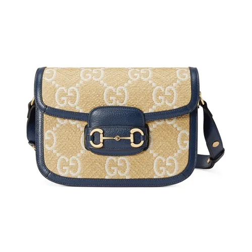 GUCCI Horsebit 1955 Raffia с кожаными вставками седло сумка через плечо маленькая женская бежевый синий
