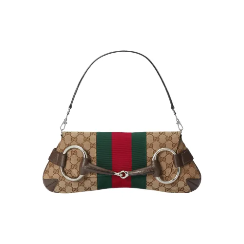 GUCCI Horsebit 1955 Кожа Репликация Плечевая Сумка Сумка через плечо Клатч Женский Бежевый и Эбеновый