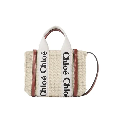 Chloe Woody Телячья кожа Linen Tote Bag Сумка через плечо Сумка для покупок Мини Женская Коричневый Бежевый