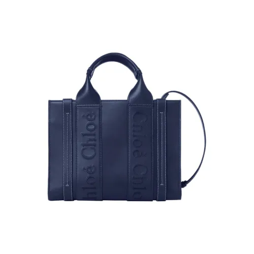 Chloe Woody Smooth Calfskin Tote Bag Shopping Bag Shoulder Bag Handbag Small Women's Night Blue