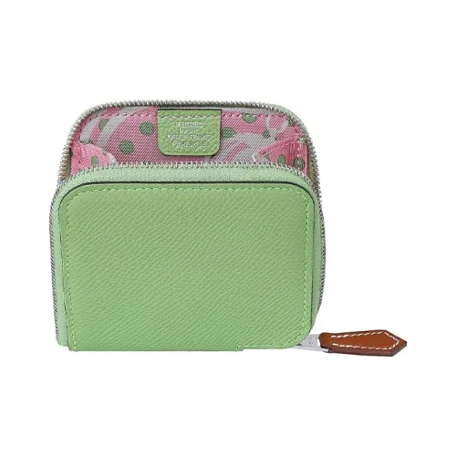 HERMES Silk'In с коровьей кожей и шелком кошелек для монет женский зеленый