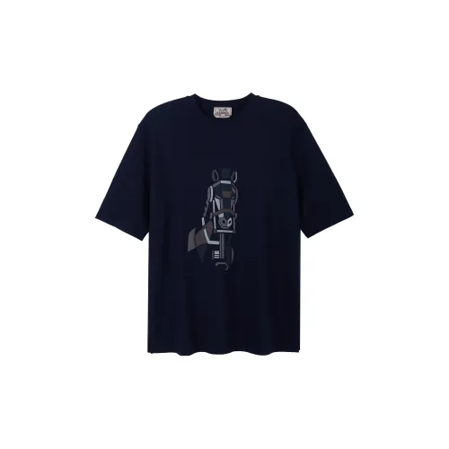 HERMES Узорный принт Круглый вырез Пуловер Короткий рукав Т-рубашка Мужская Синяя