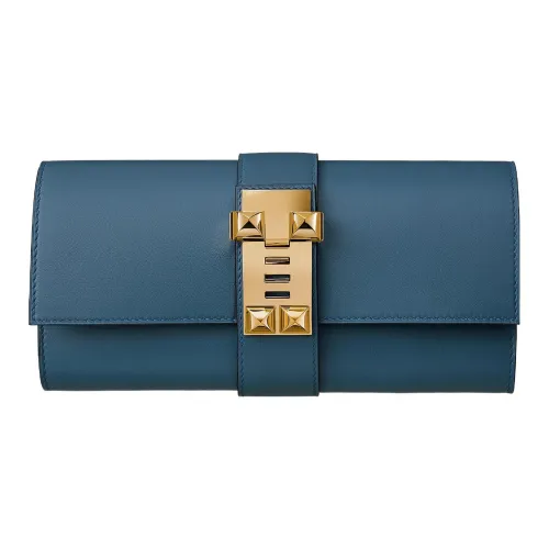 HERMES Medor Swift Телячья кожа Клатч Женские R2 BLEU Агат Синий