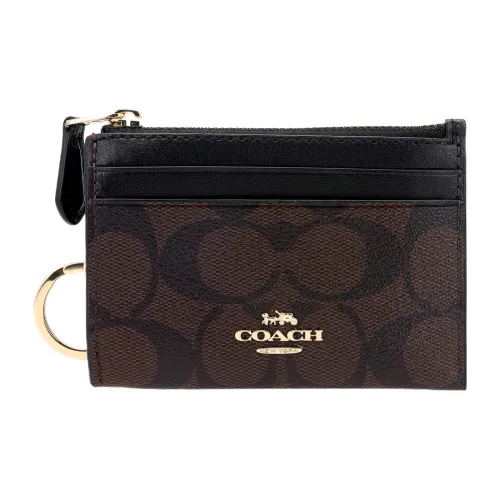COACH Mini Id Skinny Холст с покрытием и гладкая кожа Держатель удостоверения Key Pouch Картхолдер Мини Женские Темно-кофейный