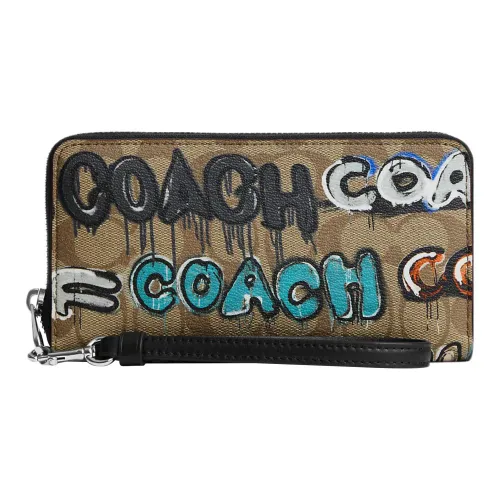 COACH Мята+Serf Zip Around Коллаборация Холст с кожей Запястье Сумка Клатч Кошелек Маленький Женские Хаки