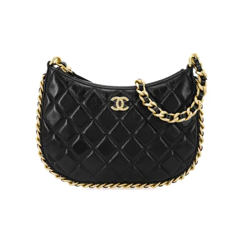 CHANEL Lambskin Hobo Bag Shoulder Bag Handbag Small Women's Black