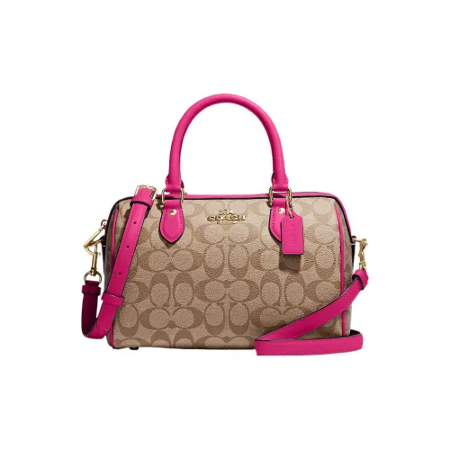 COACH Rowan Холст и Кожа Сумка Бостон Сумка Ручная Сумка Сумка через плечо Стандартная Женская Хаки и Вишнево-Красный