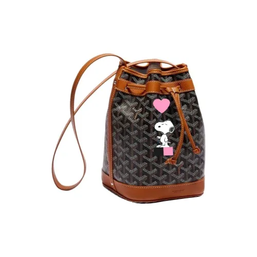 GOYARD Снупи Co Branded Petit Flot Холст с кожей Сумка-ведро Сумка на плечо Женская Коричневый Розовое сердечко Воздушный шар
