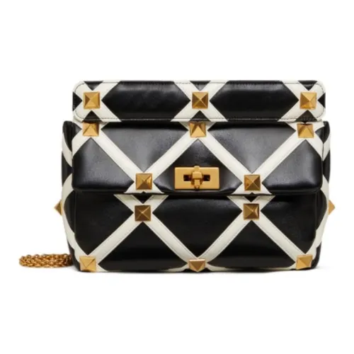Valentino Roman Stud Овчина Портативная Сумка через плечо Сумка на плечо Большая Женская Черно-белая