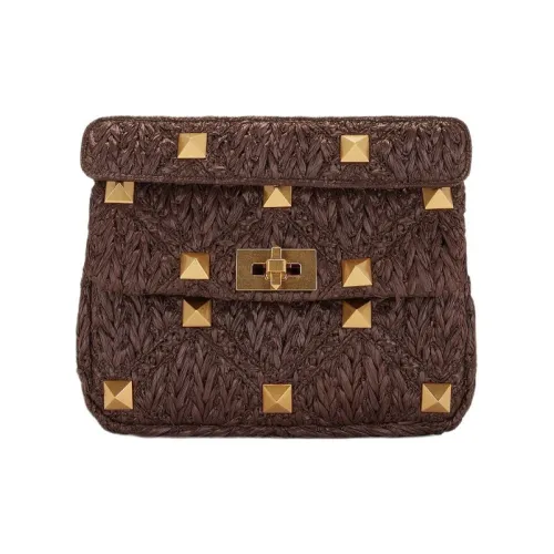 Valentino Roman Stud Raffia с кожаными вставками соломенное плетение сумка среднего размера женский темно-коричневый