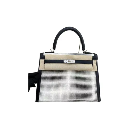 HERMES Kelly Swift Кожа с Цвет холста Сумка Kelly Сумка через плечо Сумка Женская Черная Бежевая