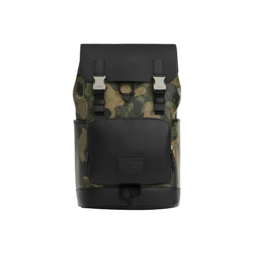 COACH Покрытый холст с гладкой телячьей кожей большой рюкзак мужской камуфляж