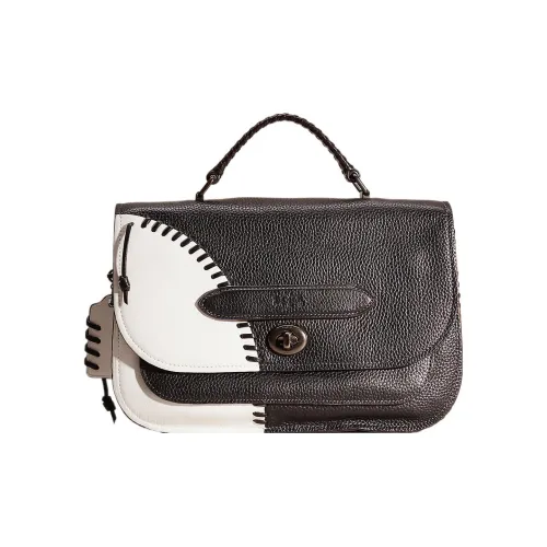 COACH Кожа Сумка с клапаном Сумка через плечо Сумка для доставки Сумка Большая Женская Черно-белая