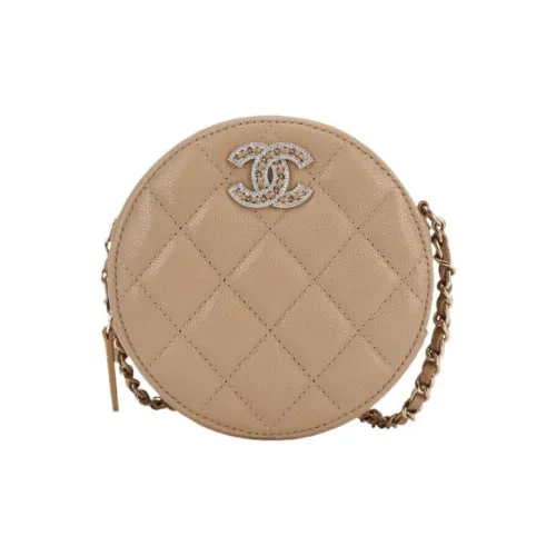 CHANEL С рельефом Тисненый Блестящий Зернистая кожа личи Телячья кожа Круглая сумка Сумка через плечо Женская Бежевая