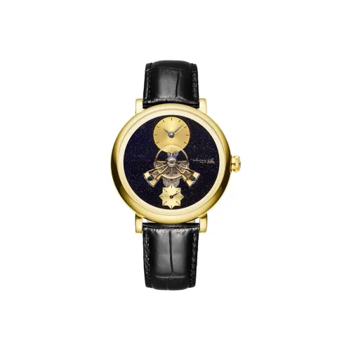 Шанхай Metropolis Автоматический Механический Механизм Кожаный Ремешок Часы Мужские Черный Циферблат