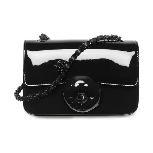 CHANEL Голень Лакированная Кожа Камелия Сумка с Клапаном Сумка через плечо Маленькая Женская Черная