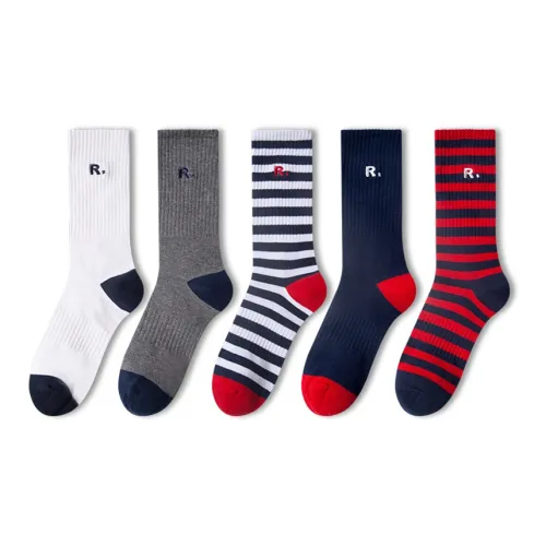 Henny Rue Набор из 5 цветов Белый & Синий+Серый & Синий+Синий & Белый Полосы+Черно-красный+Синий & Красный Полосы Женские Носки до икры MID