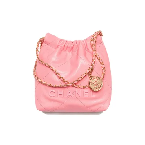 CHANEL 22Bag Блестящий С рельефом Тисненый Телячья кожа Металл Сумка-ведро Сумка через плечо Мини Женские Кораллово-розовый
