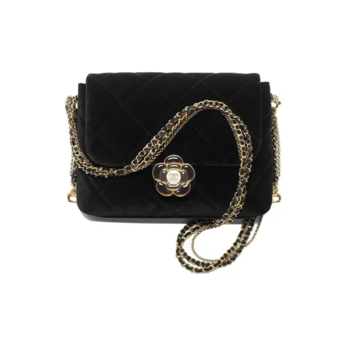 CHANEL Велюр Эмаль Камелия Застежка на кнопки Сумка с клапаном Сумка через плечо Мини Женская Черная