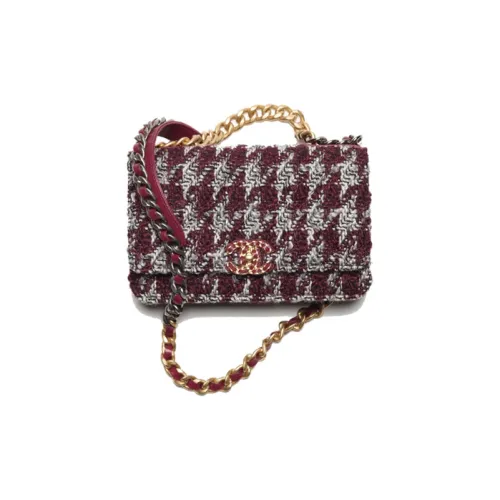 CHANEL 19Bag Шерсть Twill Мягкий Шерстяной Кошелек Сумка через плечо Сумка на плечо Женская Бордовый Серый и Черный