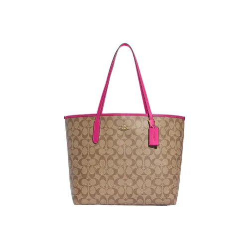 COACH City Canvas с кожаными вставками сумка-тоут сумка для покупок сумка через плечо сумка большая женская светлый хаки и вишнево-красный