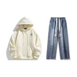 Комплект одежды (Абрикосовый свитшот + Темно-синие джинсы с эффектом вымытого)