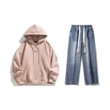 Комплект одежды (Розовый свитшот + Темно-синие джинсы с эффектом вымытого)