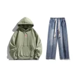 Комплект одежды (Мох зеленый свитшот + темно-синие промытые джинсы)