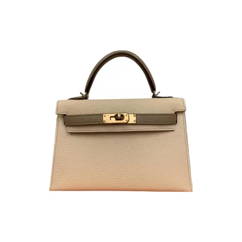 HERMES Mini Kelly 2nd Generation Chevre Mysore Овчина Kelly Сумка Женская Кремово-белая и Голубино-серая