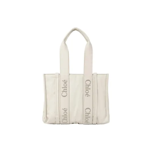 Chloe Woody Переработанный Нейлон Тоут Сумка Сумка для покупок Сумка через плечо Сумка среднего размера Женская Айвори Белый