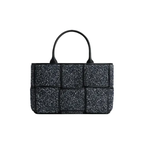 Bottega Veneta Arco Фланель с кожаными вставками Тоут Сумка Сумка для покупок Сумка Маленькая Женская Индиго Черная