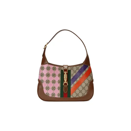 GUCCI Jackie 1961 Холст с кожей Комбинированный Лунный Сумка на плечо Сумка на плечо Маленькая Женская Коричневая Розовая Многоцветная