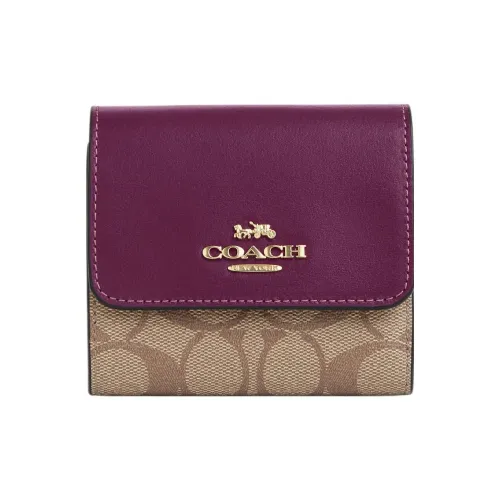 COACH Тройная складная кошелек Холст с покрытием и гладкая кожа Держатель для карт кошелек Маленький Женский Хаки и Ягода