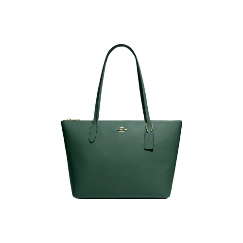 COACH Zip Top Tote Крестообразная текстура Кожа Тоут Сумка Сумка для покупок Сумка Большая Женская Черная сосна
