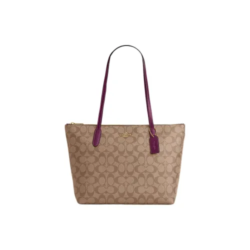 COACH Zip Top Tote Холст с кожей Тоут Сумка Сумка для покупок Сумка Сумка через плечо Средний Женская Хаки