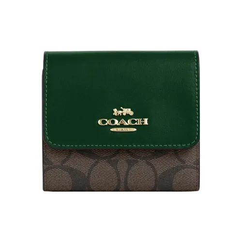 COACH Trifold Wallet Холст с покрытием и гладкая кожа Держатель для карт кошелек Маленький Женский Кофе Зеленый