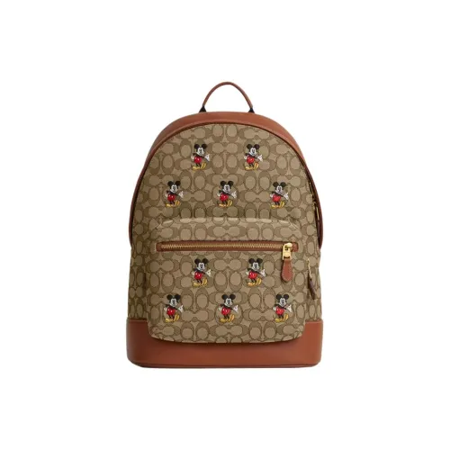 COACH X DISNEY Коллаборация Ткань с кожаными вставками Рюкзак Большой Унисекс Хаки и Коричневый