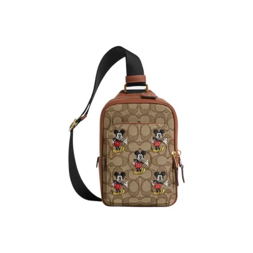 COACH X DISNEY Коллаборация Коровья кожа с текстильным покрытием Сумка через плечо Средний Мужской Хаки С принтом