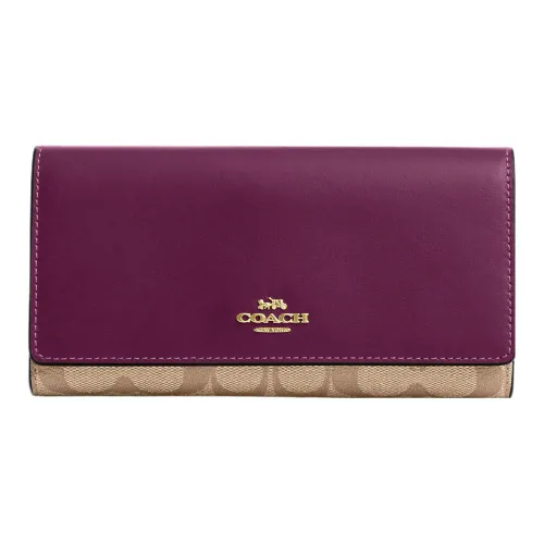 COACH Трехсекционный кошелек Холст с кожей Монета Кошелек Кошелек Маленький Женский Хаки и Ягода