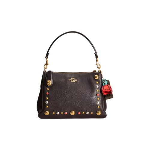 COACH Полированный Галька Кожа Доска для ноутбука Сумка Сумка через плечо Женская Черная