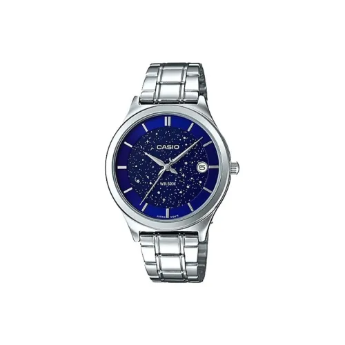 CASIO Кварцевый механизм ремешок из нержавеющей стали женские часы синий циферблат модель LTP E141D 2A