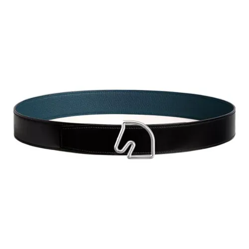 HERMES Tete de Cheval Horse Head Пряжка Двойная сторона С плавной застежкой Кожаные ремни Мужской Черный Синий Ширина 3,8 см