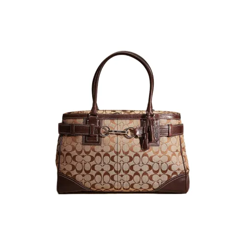 COACH Hamptons Ткань с кожаными вставками Тоут Сумка Сумка для покупок Сумка Большая Женская Хаки Каштановый