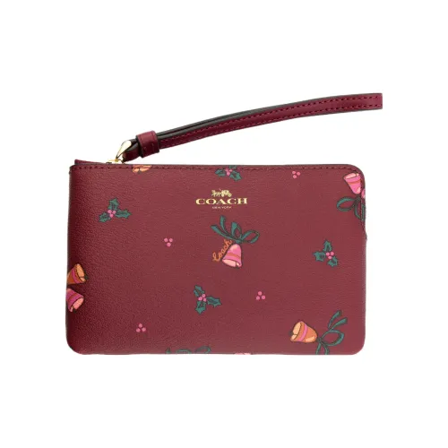 COACH Corner Zip Покрытый холст с кожаными вставками запястная сумка-клатч маленькая женский вишнево-красный