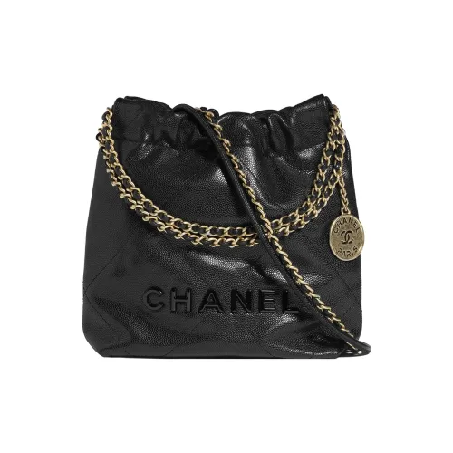 CHANEL 22Bag Блестящий С рельефом Тисненый Телячья кожа Металл Ведрообразная Сумка Сумка через плечо Мини Женская Черная