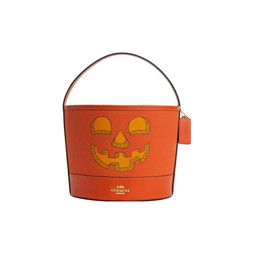 COACH Canvas Кожаная вставка Ведрообразная сумка Маленькая Женская Ярко-оранжевая